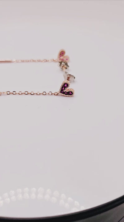 Exquisite 925 Sterling Silver Dazzling Zircon Pink Heart Long Tassel with Bar Pendant Rose Gold Earring.