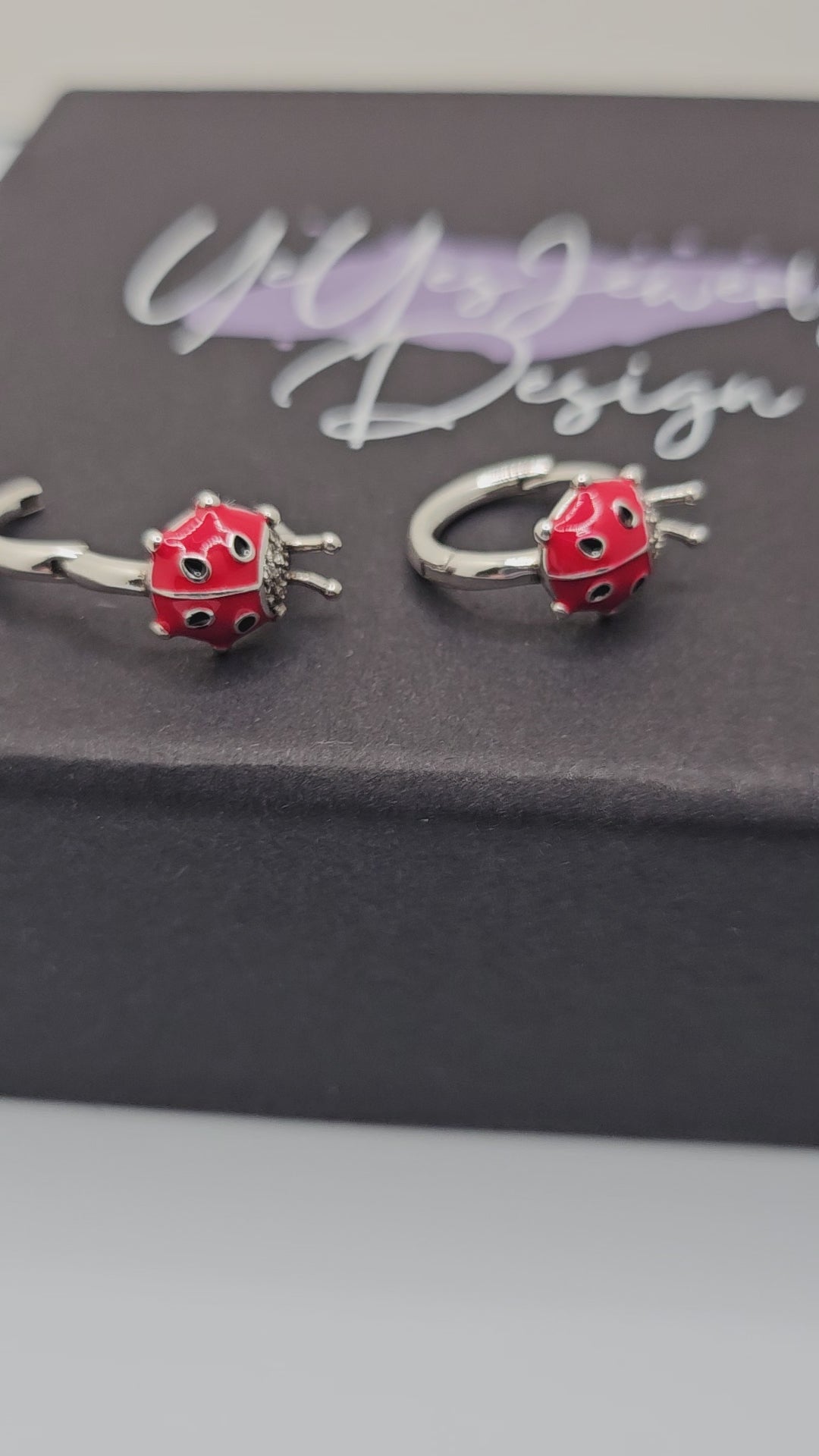 Romantic 925 Sterling Silver Red Ladybug Hoop Earrings.