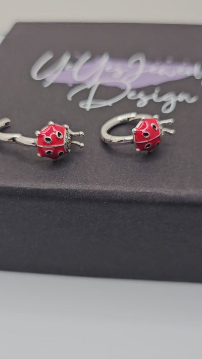 Romantic 925 Sterling Silver Red Ladybug Hoop Earrings.