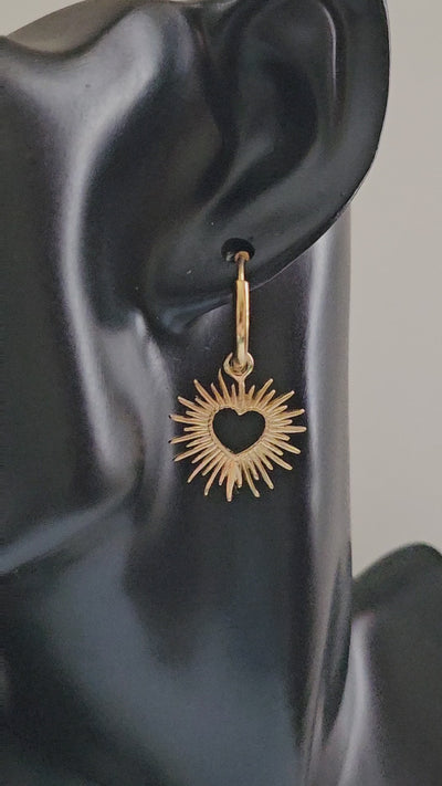 Stainless Steel Waterproof 18k PVD Gold Plated Sun Hollow Drop Hoop Earrings.